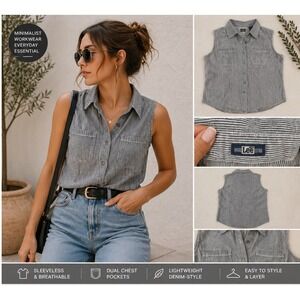 Lee Sleeveless Button Up Top | Gray Stripe Denim Workwear Minimalist M
